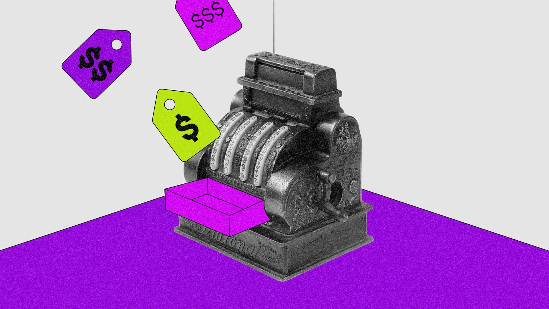 Ilustração de um caixa registrador antigo de onde estão saindo cards com cifrões