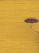 Um muro amarelo. Do canto direito, uma mão aparece segurando um guarda-chuva roxo