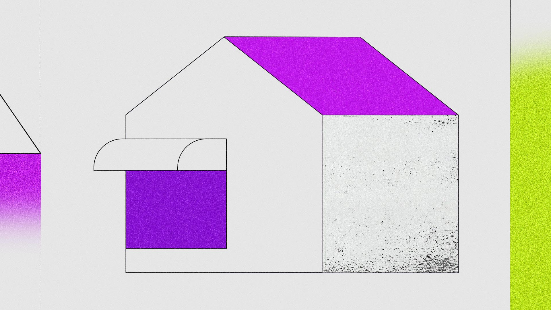 Ilustração de uma casa com telhado rosa