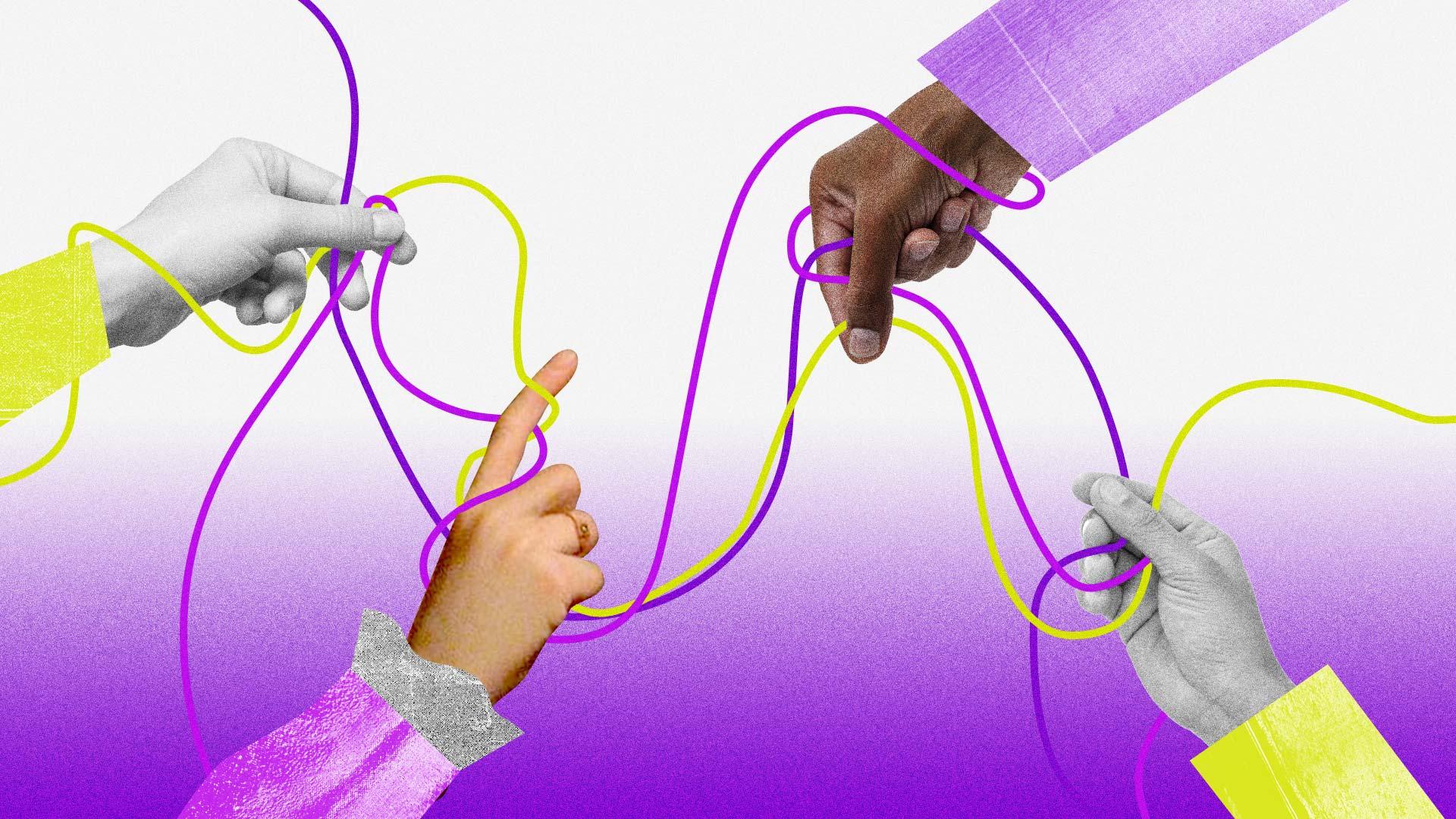 Ilustração em que diferentes mãos puxam fios embaralhados de diferentes cores