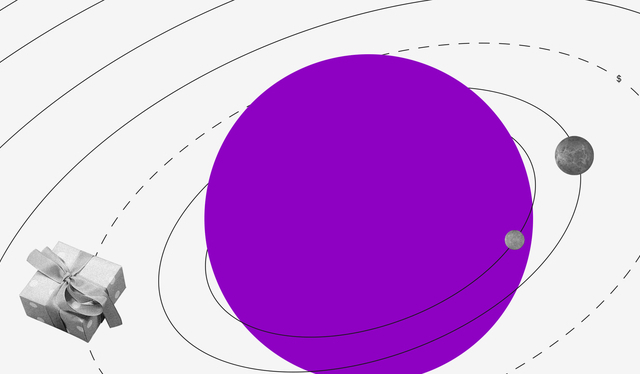 Calendário Saque FGTS 2020: um planeta roxo com um presente embrulhado orbitando em volta